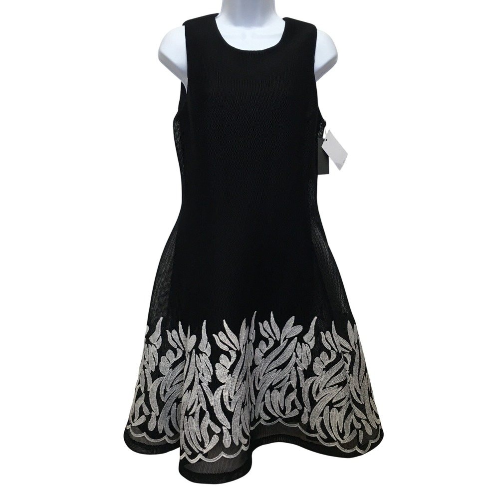 DKNY Mesh Embroidered Fit & Flare Dress 6 Black Floral Cocktail Party NEW